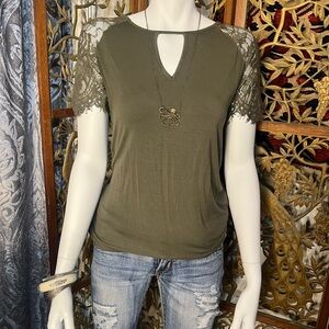 Olive Lace Sleeve Women's Top Small